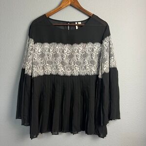 Cato XL Black White Lace Pleated Flowy Blouse Bell‎ SL Sheer Elegant Whimsigoth